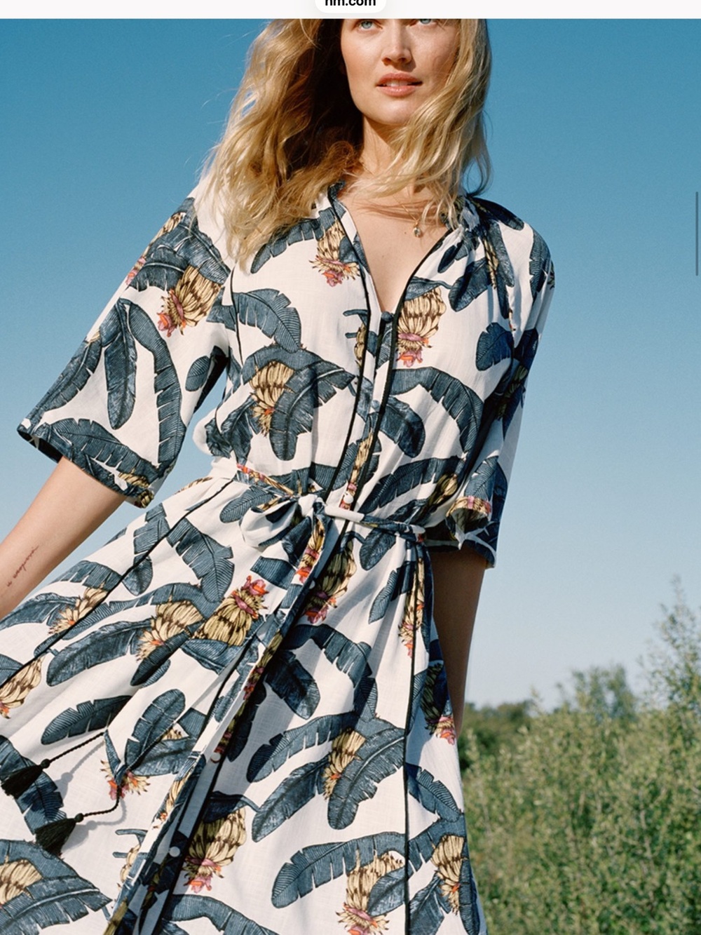 H&M DESMOND & DEMPSEY LINEN PALM LEAF TROPICAL MIDI KAFTAN DRESS Size S